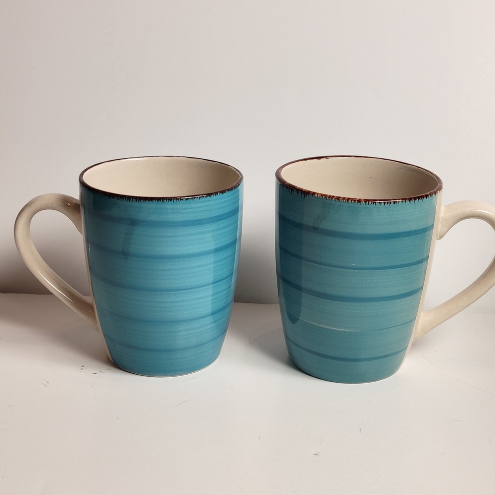 Royal‎ Norfolk Teal Striped Ceramic Coffee Mug Set of 2 Turquoise Brown